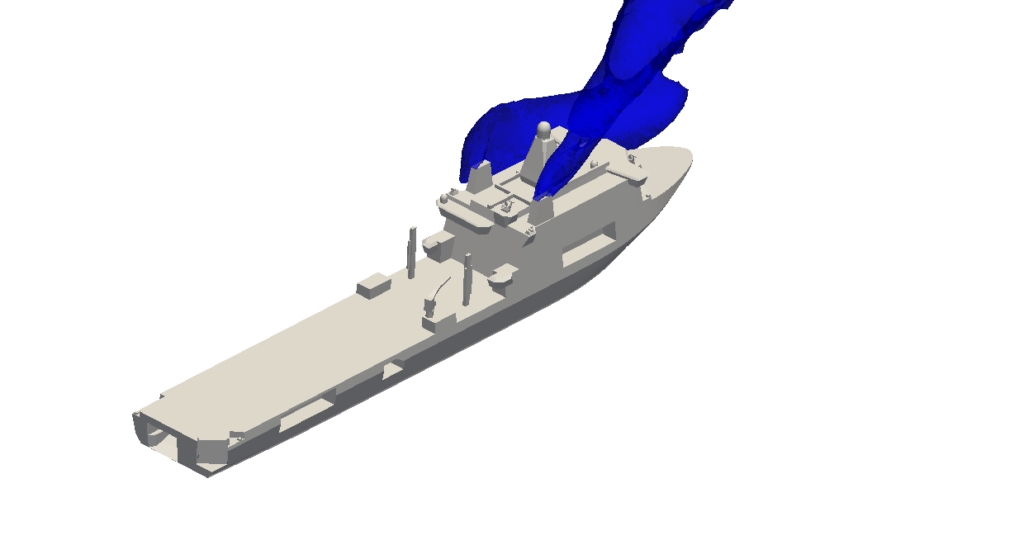 Computer simulation of HNLMS Karel Doorman, showing the emission of exhaust gases from the exhaust pipes in a specific wind direction.