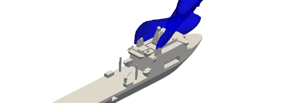 Computersimulatie van Zr.Ms. Karel Doorman, waarop de uitstoot van rookgassen uit de schoorstenen is te zien bij een bepaalde windrichting.