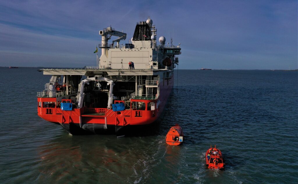 Lifeboat testing on the Western Scheldt estuary in the Netherlands