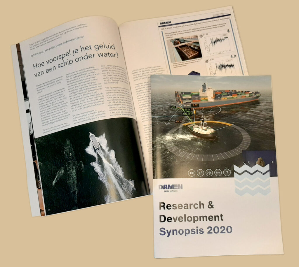 Kort vóór het Damen Innovatie, Development & Research Webinar 2021 kregen alle deelnemers een fraai magazine waarin alle publicaties, onder meer in Damen Nieuws, zijn gebundeld over de vorig jaar door de R&D specialisten ontplooide activiteiten.