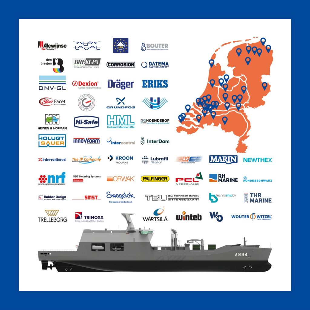 Infographic showing the entire supply chain of companies contributing to the construction of this new ship for the Ministry of Defence and the Royal Netherlands Navy. 82 contracts have already been concluded with Dutch suppliers, with a total purchase value of almost 110 million euros.