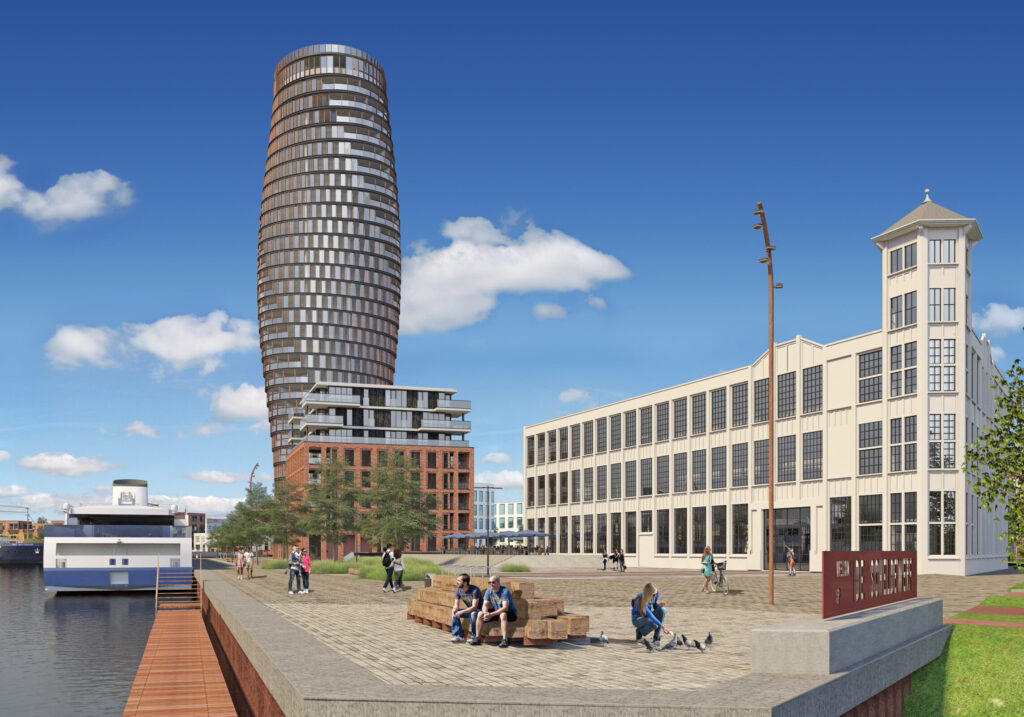 Artist impression van de Albionkade, met Hotel De Timmerfabriek en de meer dan honderd meter hoge Zeelandtoren.