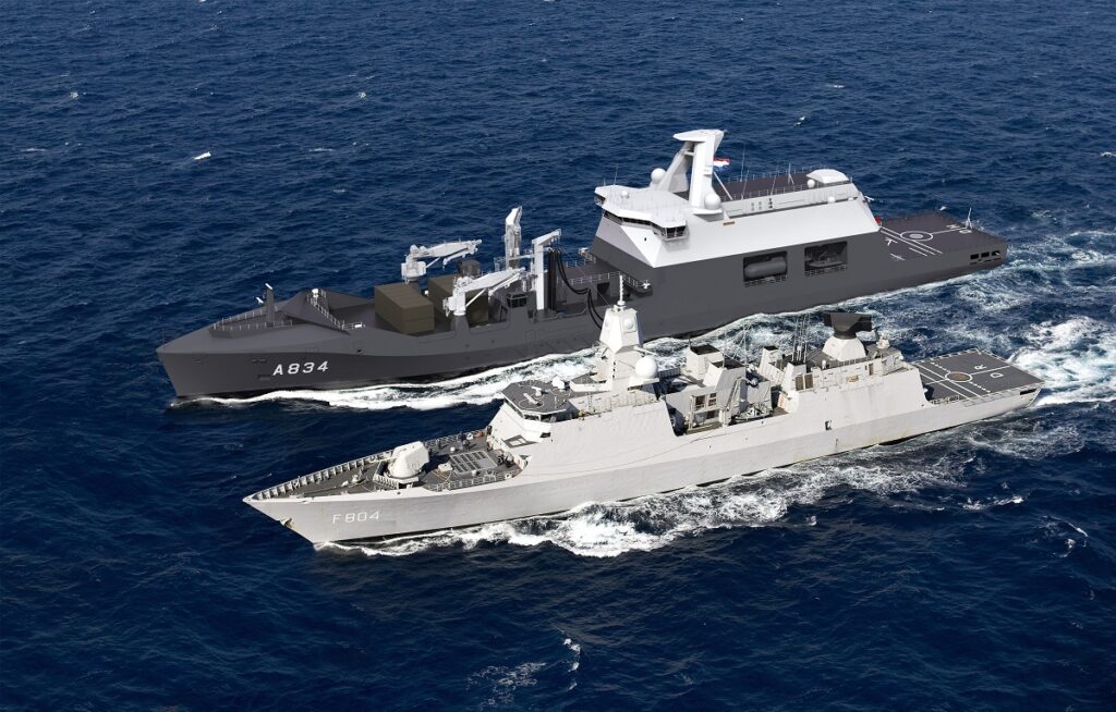 Artist impression van het Combat Support Ship en Zr.Ms. De Ruyter.