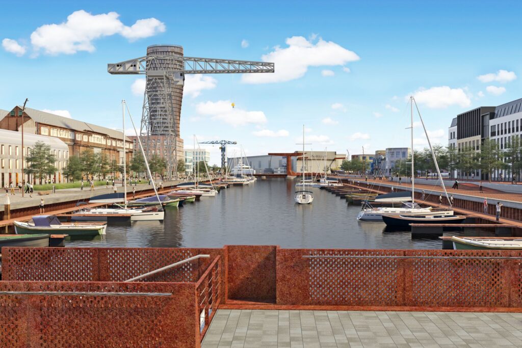 Artist impression van de nieuwe jachthaven De Stadshaven in Het Dok.