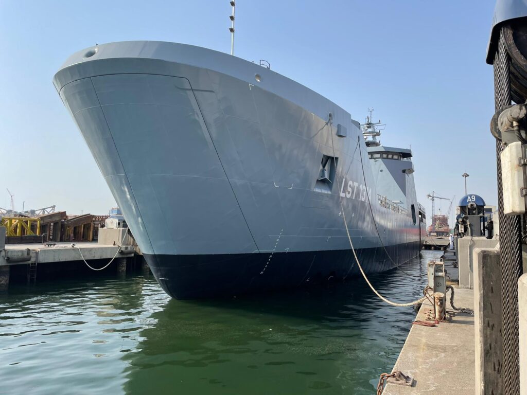 The 100-metre long and 16-metre wide vessel has been designed for carrying out amphibious operations whereby it sails from the sea onto the beach.