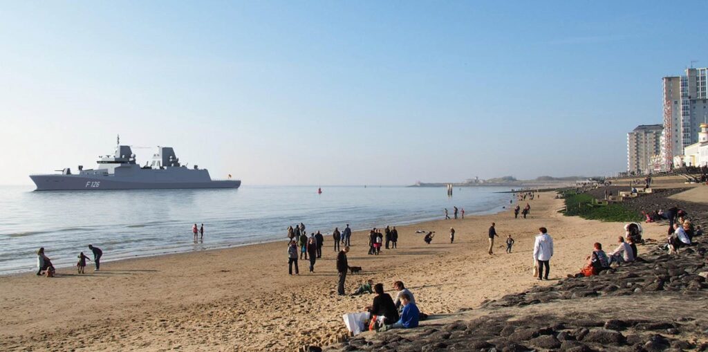 Artist impression of one of the F126 frigates as seen from the boulevard in Vlissingen.