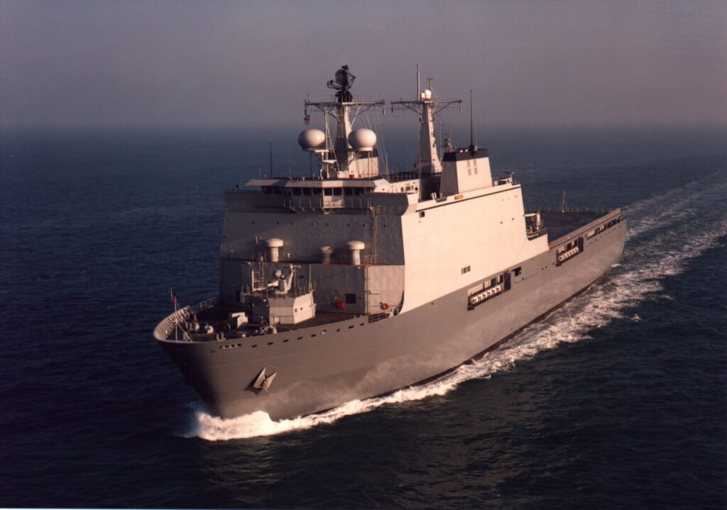 Amphibious transport ship HNLMS Rotterdam was handed over to the Royal Netherlands Navy on 15 April 1998 and modified less than a year later.