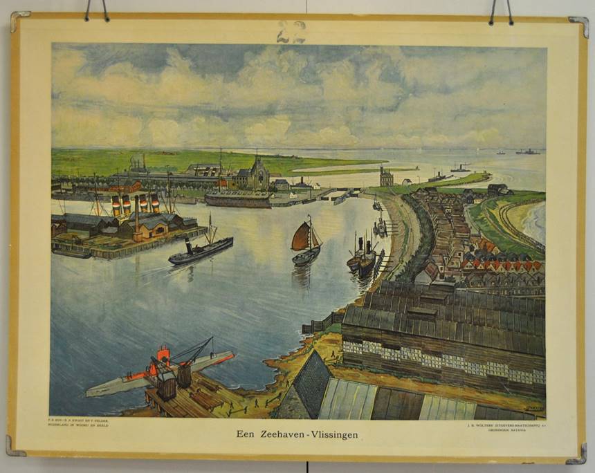 A submarine is depicted in Vlissingen's inner harbour on this school poster from 1922.