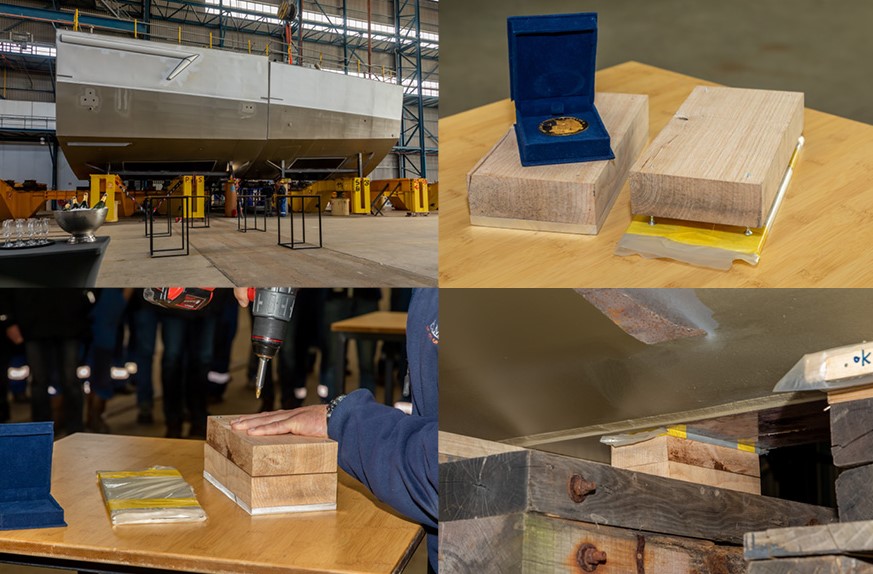 During the coin ceremony, the future owner of the Yacht Support Vessel placed a coin under the keel.