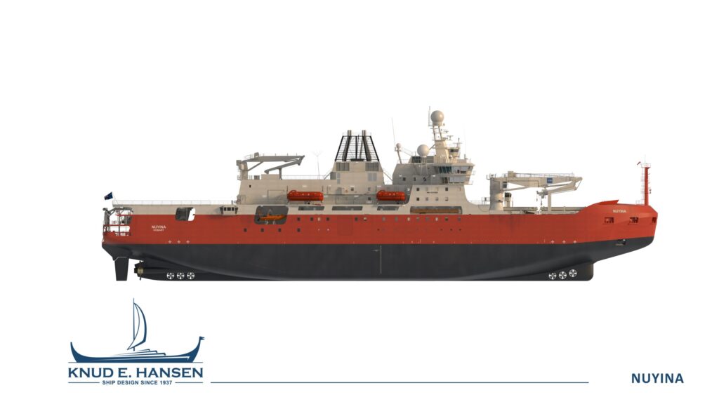 Australische ijsbreker en Research and Supply Vessel Nuyina in een tekening van KNUD E. HANSEN.