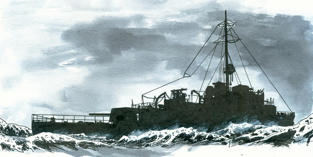 HNLMS Johan Maurits van Nassau depicted in the fog in a drawing by Ron van Maanen.