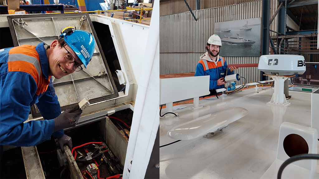 Project team members Pieter de Korte (left) and Matthijs Dirksen work on the F.A.S.T. boat.