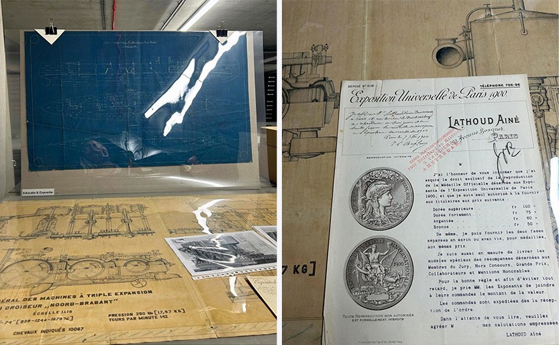 Ontwerp van de kruiser Noord-Brabant (links). Archiefdocumenten (rechts).