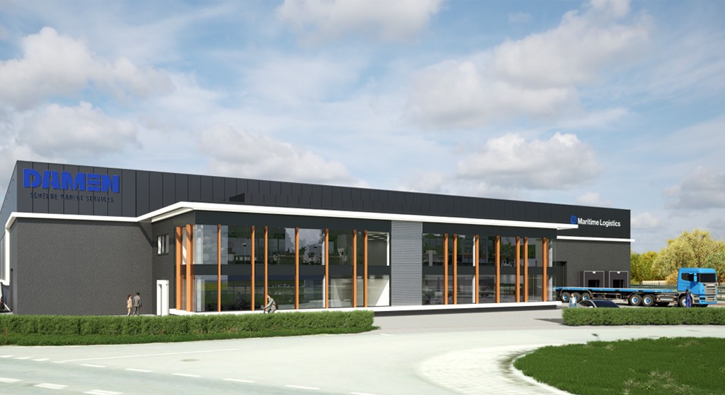 Een artistieke impressie van het nieuwe hoofdkantoor en magazijnfaciliteiten van DSMS op bedrijventerrein Souburg II in Vlissingen.