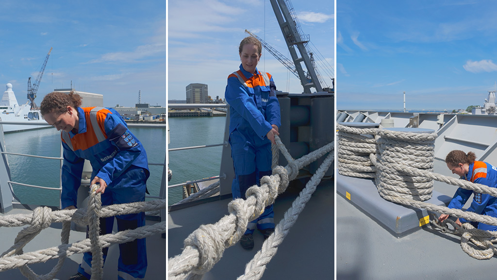 Het aanleggen van een stop voorkomt dat de tros losschiet, zodat hij veilig om de bolders belegd kan worden. Foto's: Mihnea Udrea.